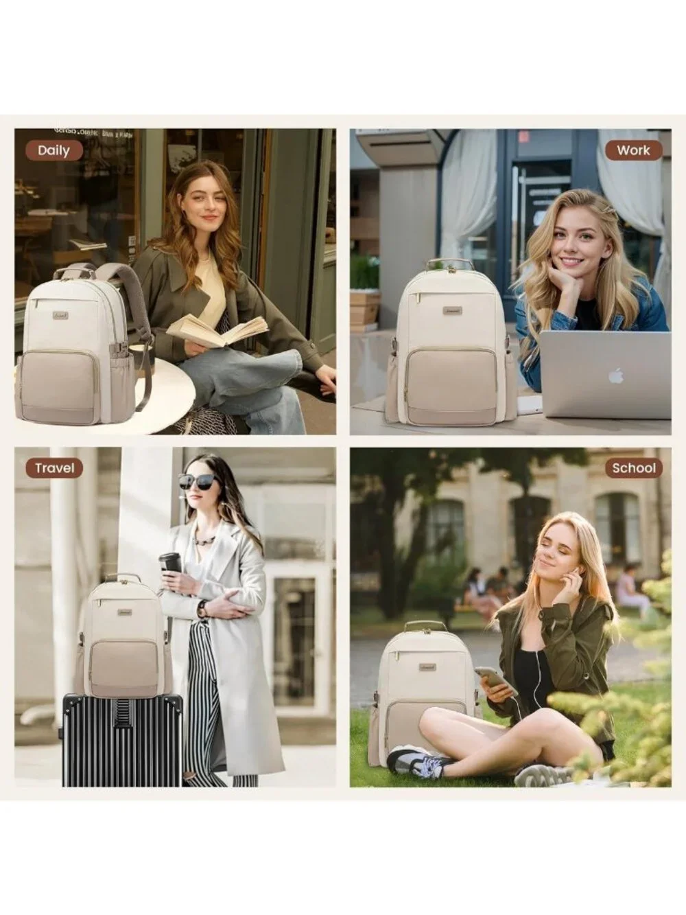 Stylish Waterproof Laptop Backpack for Women, Large Capacity Travel Bag, 17